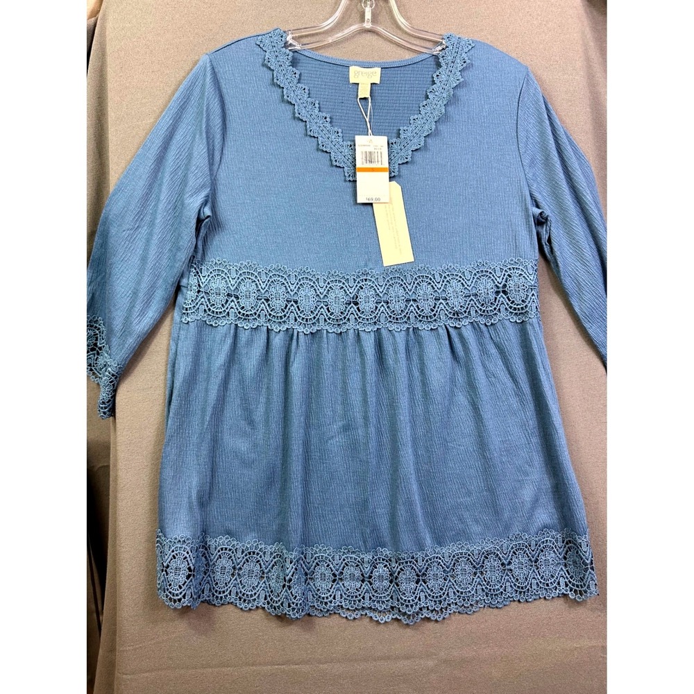 Greige Women Blue Crochet‎ Lace Trim Babydoll Tunic Top Boho V-Neck Small S NWT